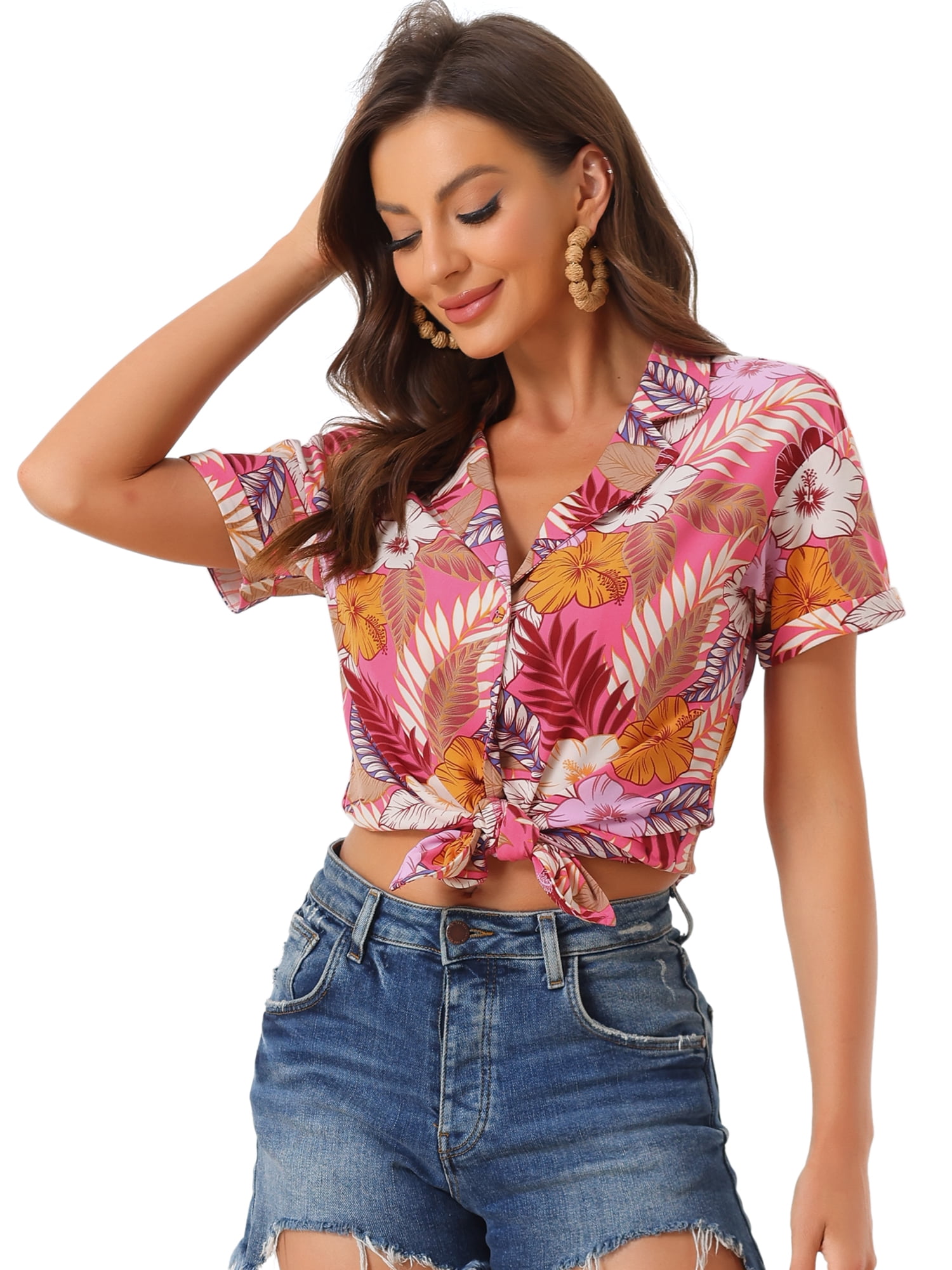 DARING DIVA Floral Leaves Print Short Sleeve Beach Top M Bright Pink