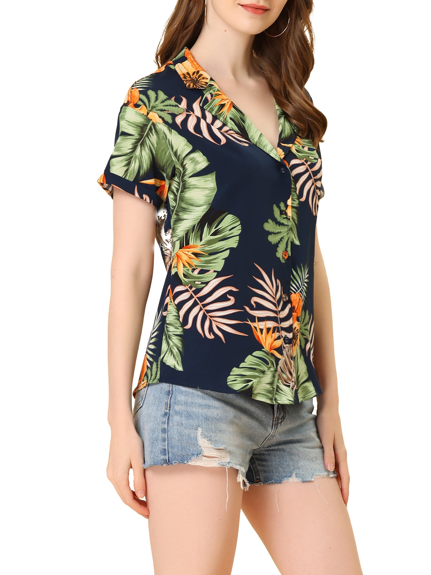 DARING DIVA Floral Leaves Print Short Sleeve Beach Top M Navy Blue