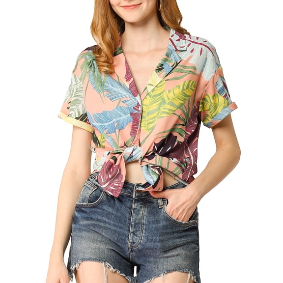 DARING DIVA Floral Leaves Print Short Sleeve Beach Top M Pink
