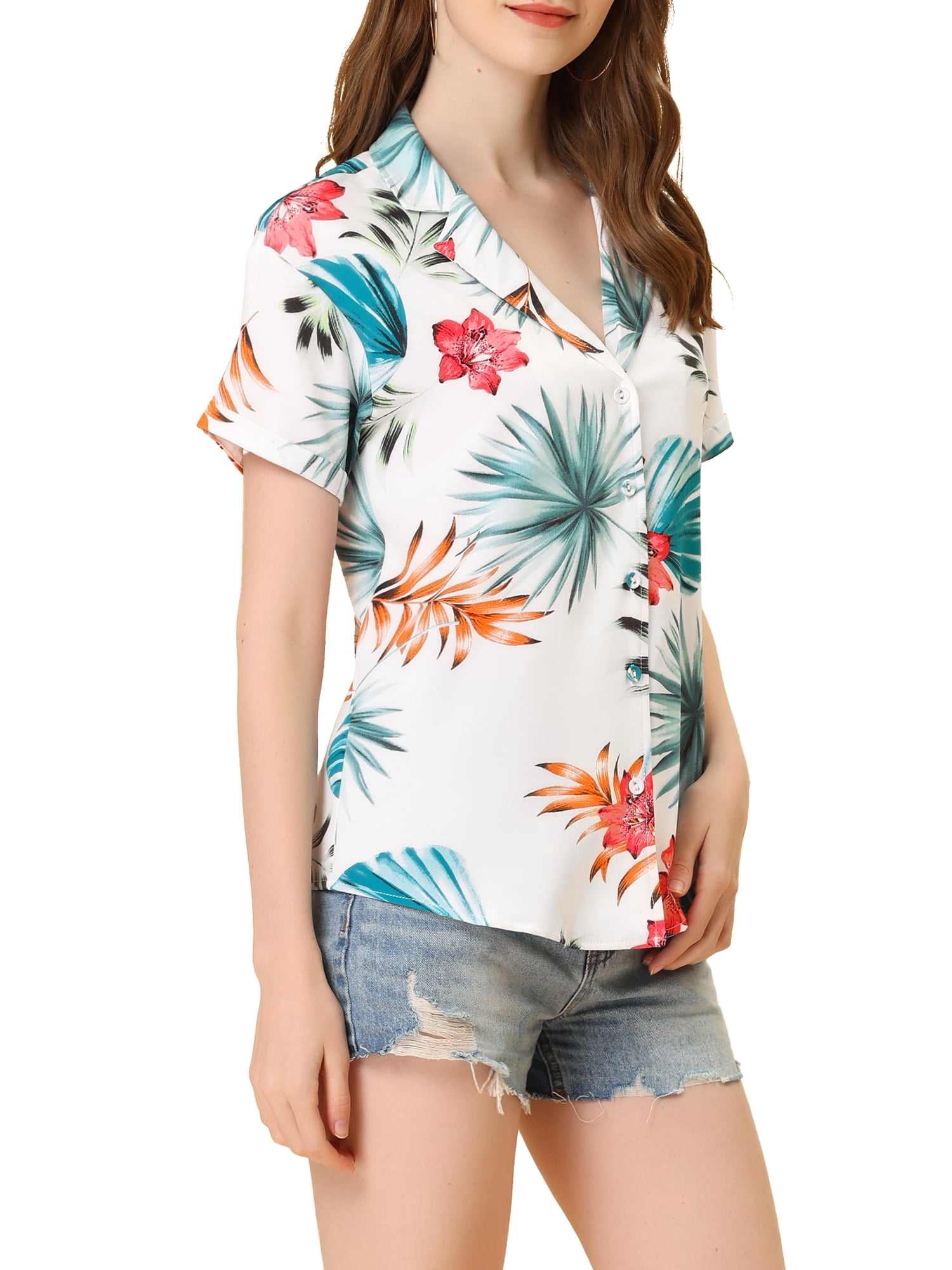 DARING DIVA Floral Leaves Print Short Sleeve Beach Top M White Floral