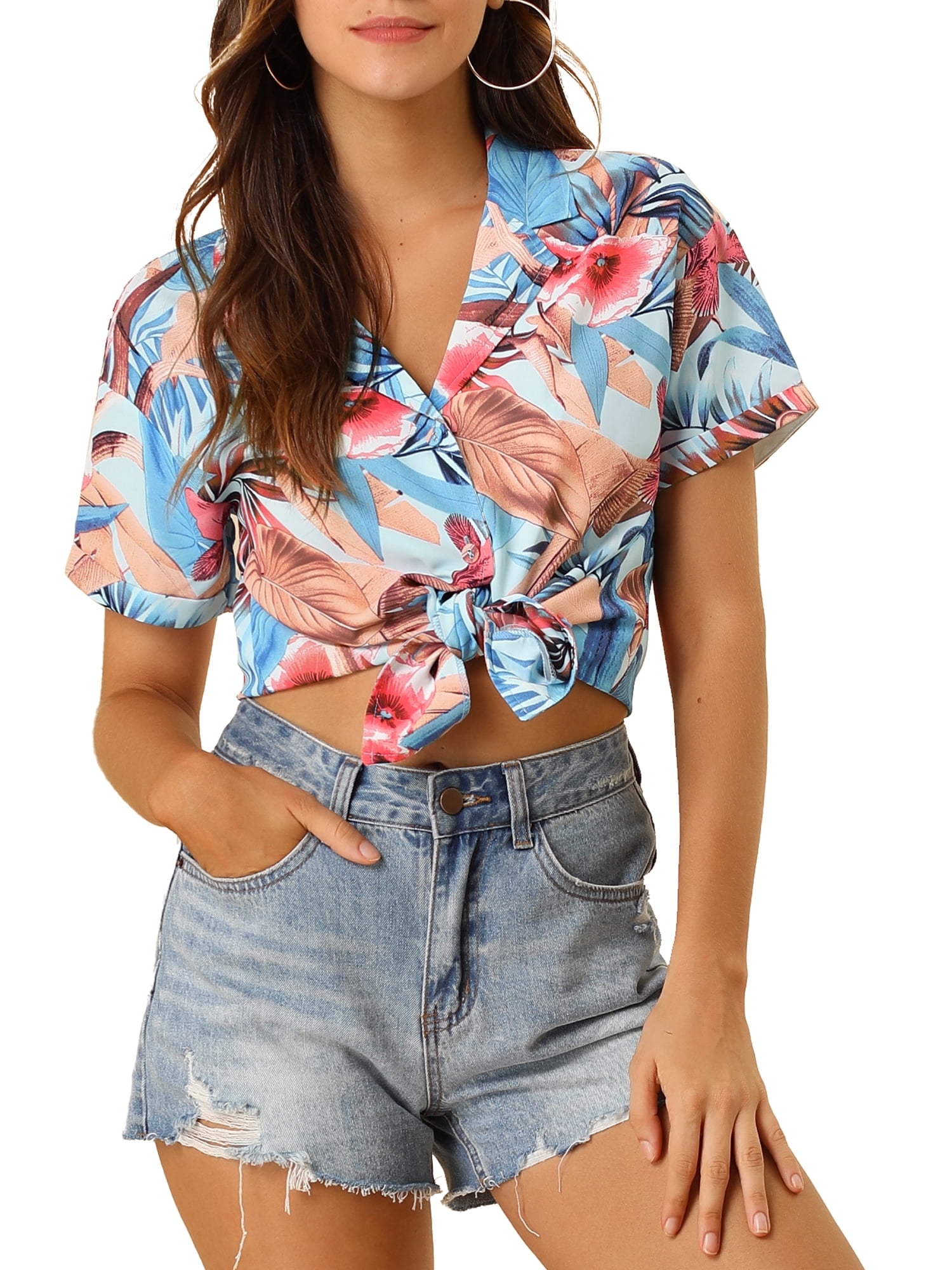 DARING DIVA Floral Leaves Print Short Sleeve Beach Top S Light Blue