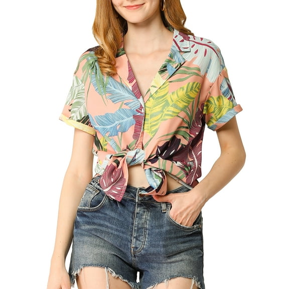 DARING DIVA Floral Leaves Print Short Sleeve Beach Top S Pink