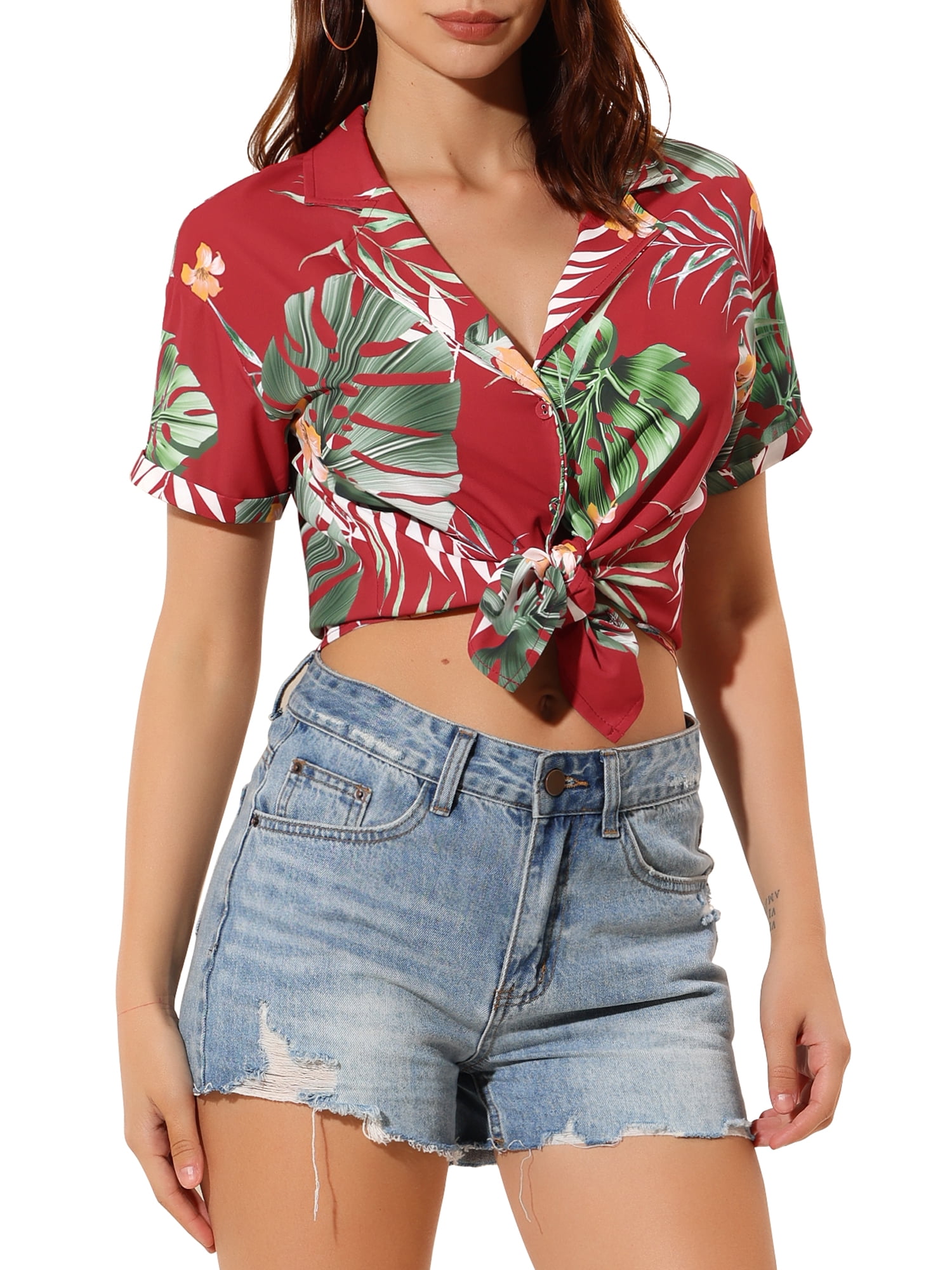 DARING DIVA Floral Leaves Print Short Sleeve Beach Top S Red