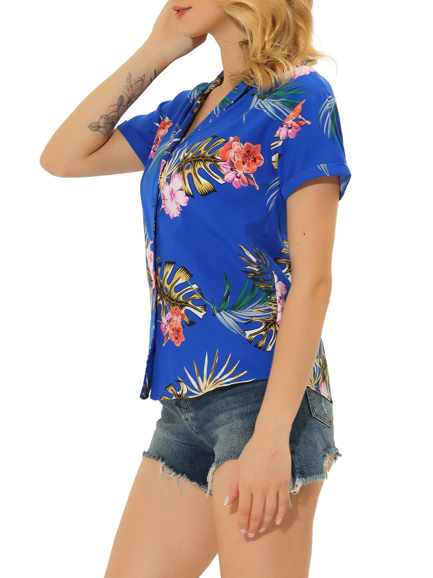 DARING DIVA Floral Leaves Print Short Sleeve Beach Top S Royal Blue