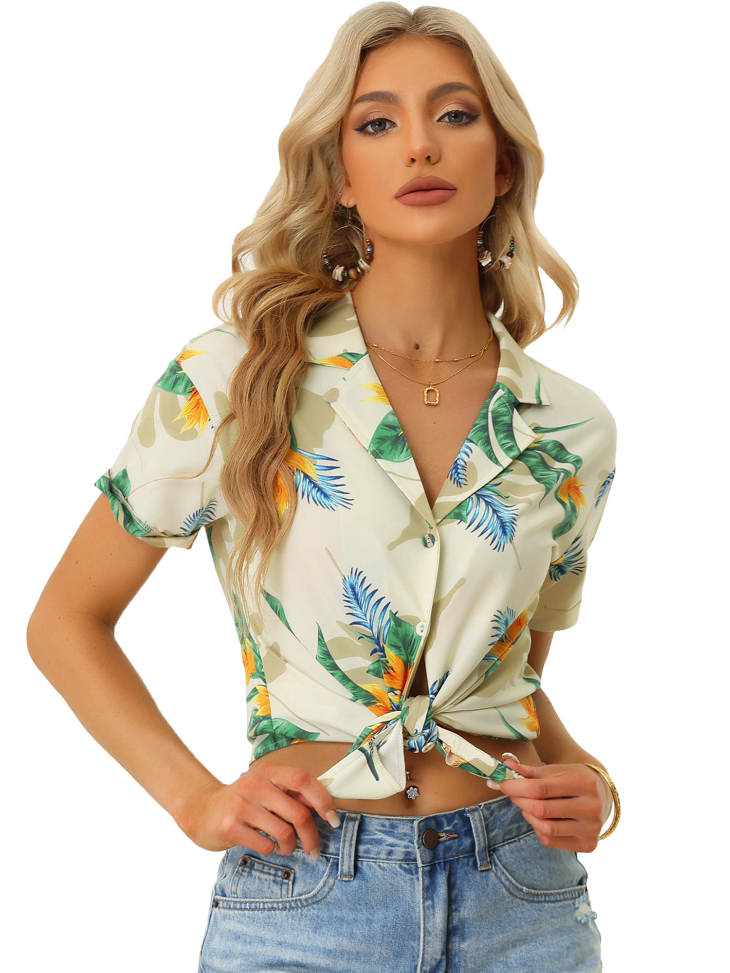 DARING DIVA Floral Leaves Print Short Sleeve Beach Top XL Beige