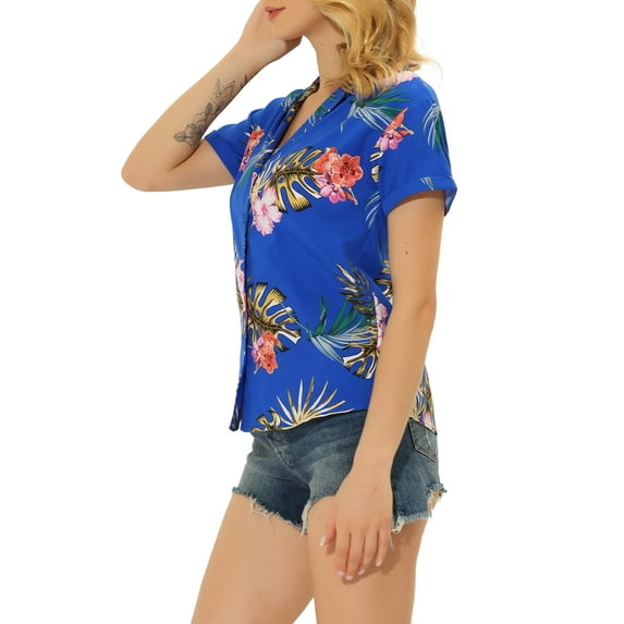 DARING DIVA Floral Leaves Print Short Sleeve Beach Top XL Royal Blue
