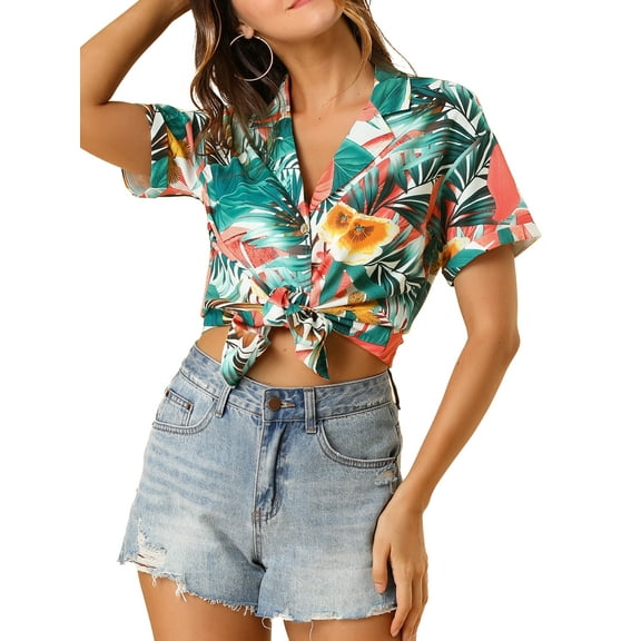 DARING DIVA Floral Leaves Print Short Sleeve Beach Top XL White