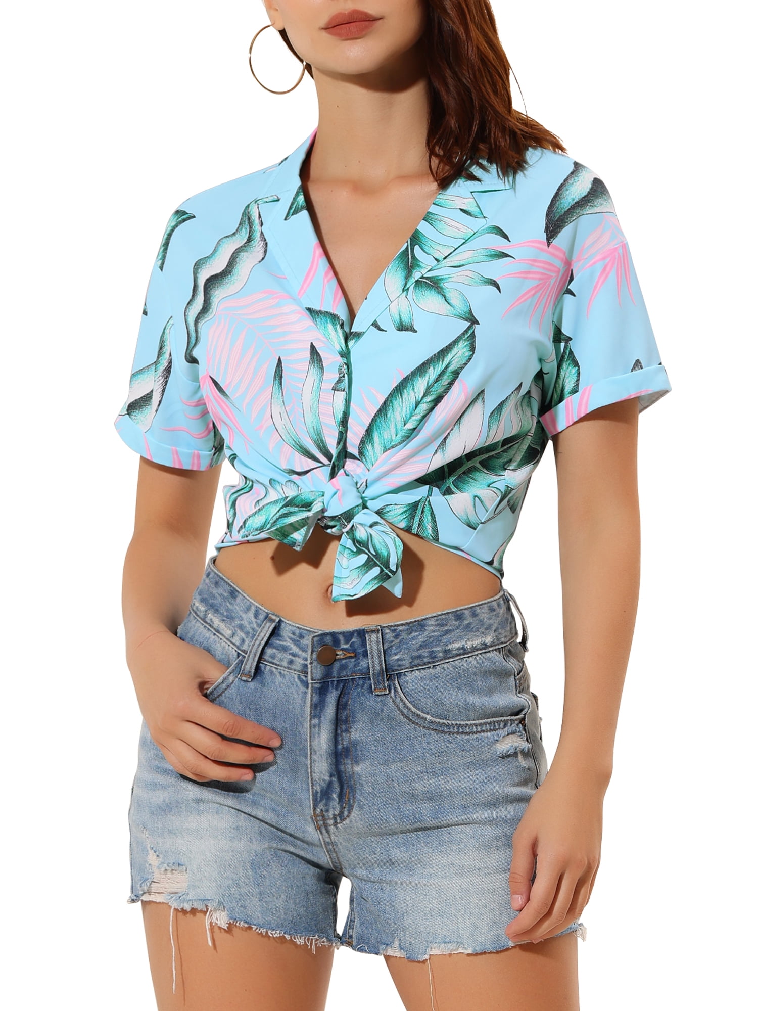 DARING DIVA Floral Leaves Print Short Sleeve Beach Top XS Blue Pink