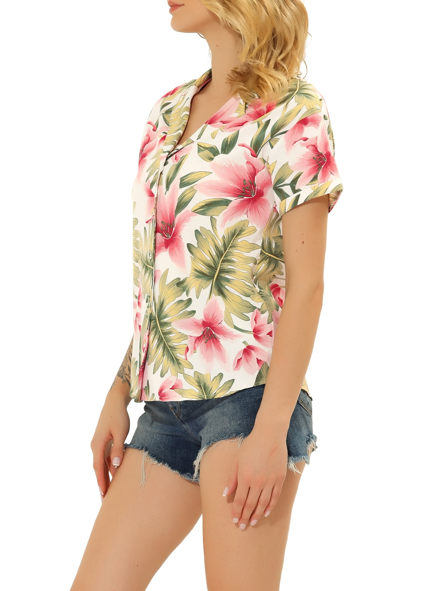 DARING DIVA Floral Leaves Print Short Sleeve Beach Top XS White Pink