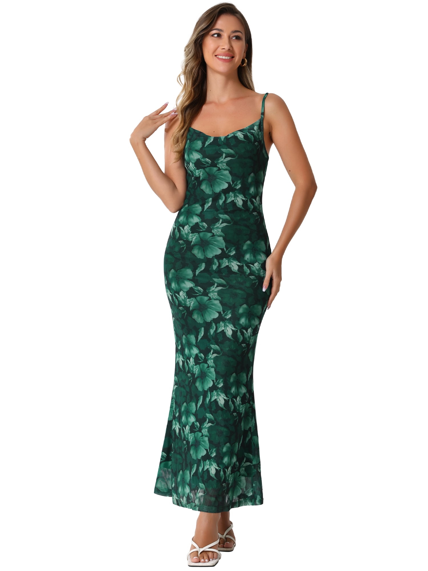 DARING DIVA Floral Maxi Spaghetti Strap Bodycon Dress L Dark Green