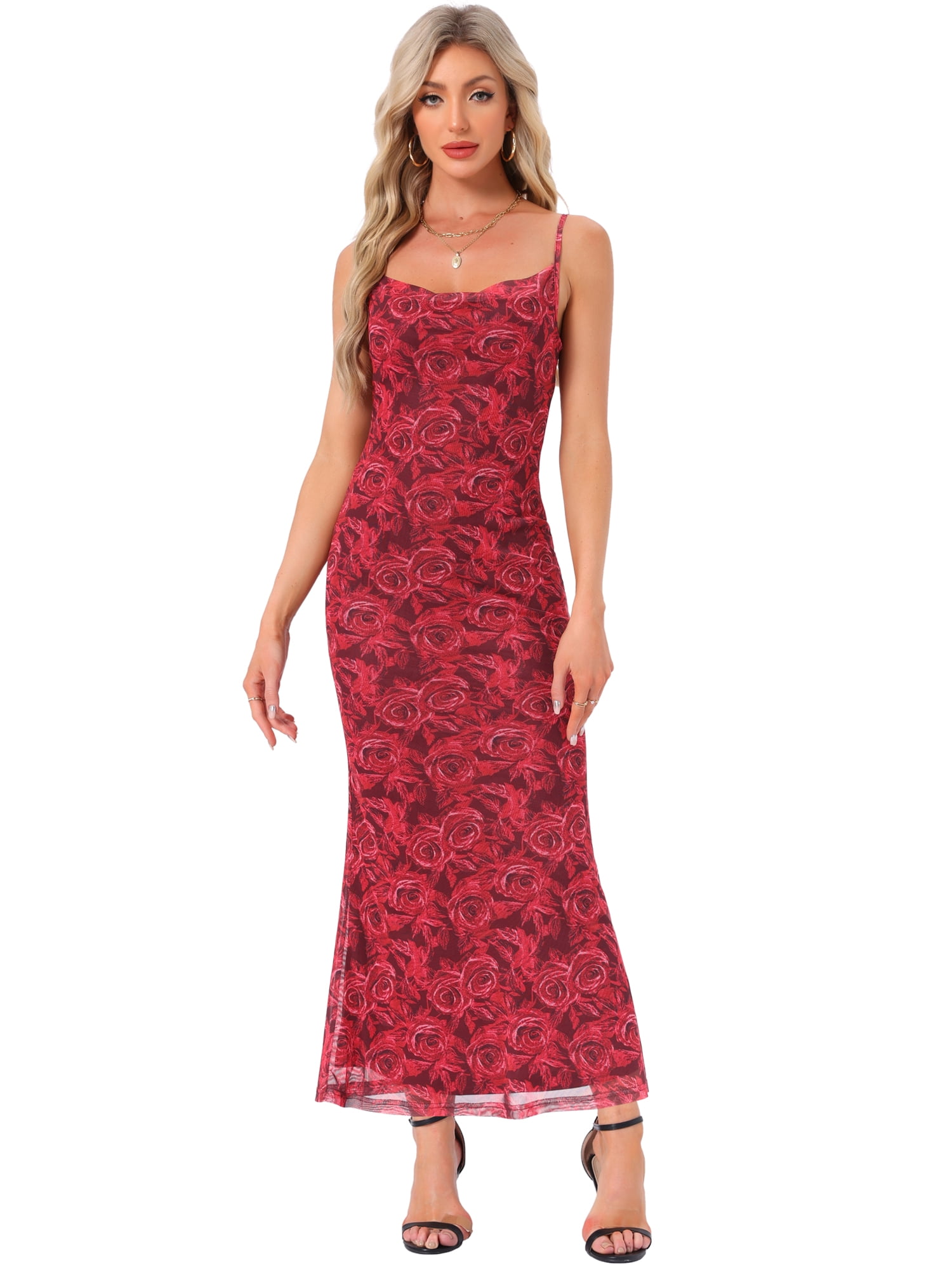 DARING DIVA Floral Maxi Spaghetti Strap Bodycon Dress S Wine Red