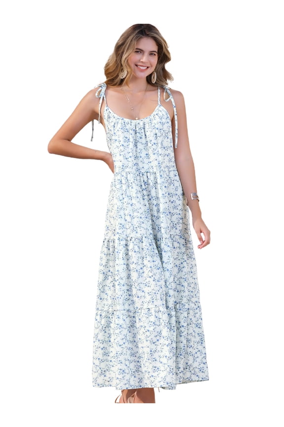 Floral Maxi Tie Shoulder Sleeveless Boho Dress XL Blue