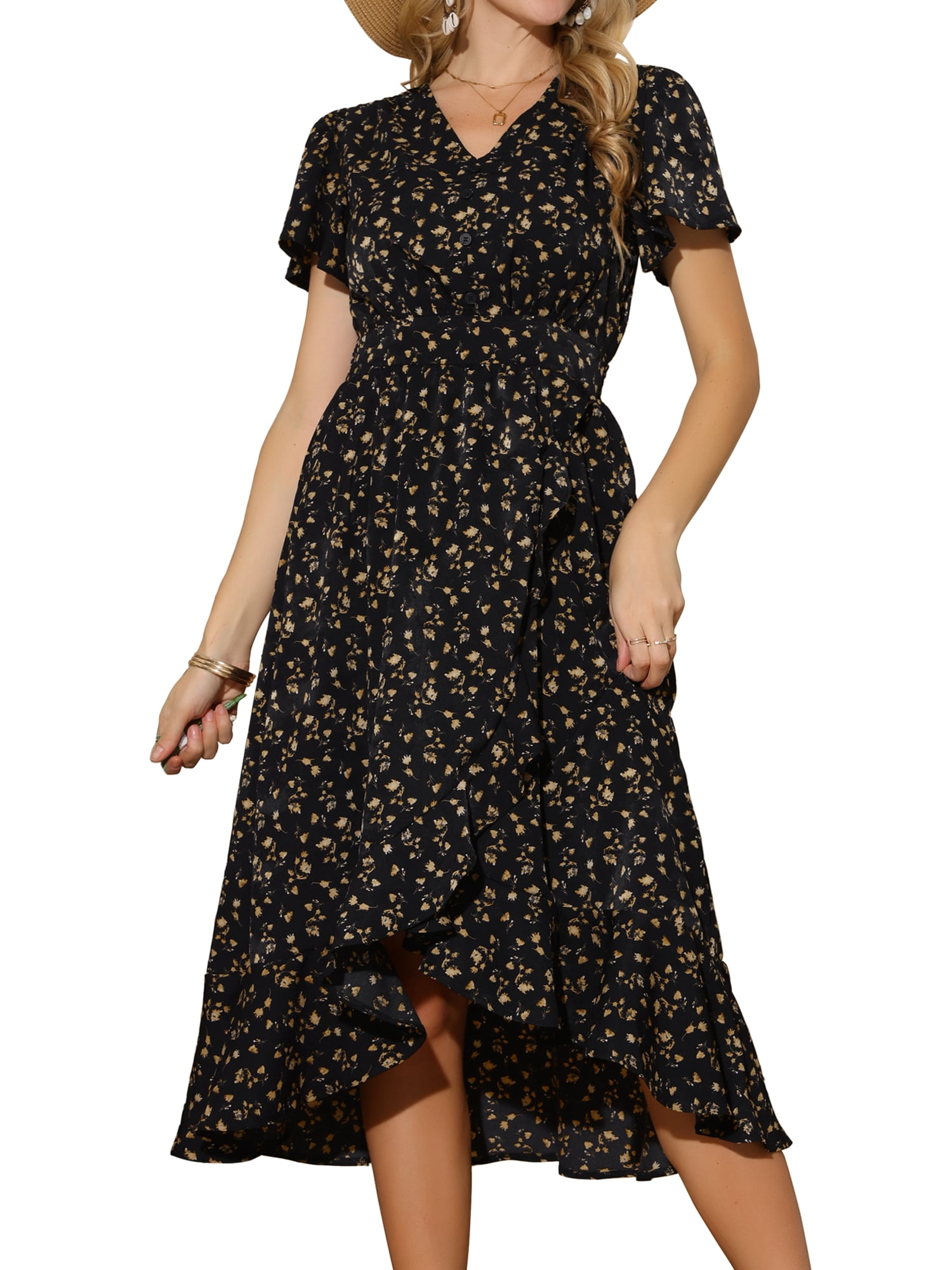 DARING DIVA Floral Midi Flutter Sleeves V Neck Design Dress M Black