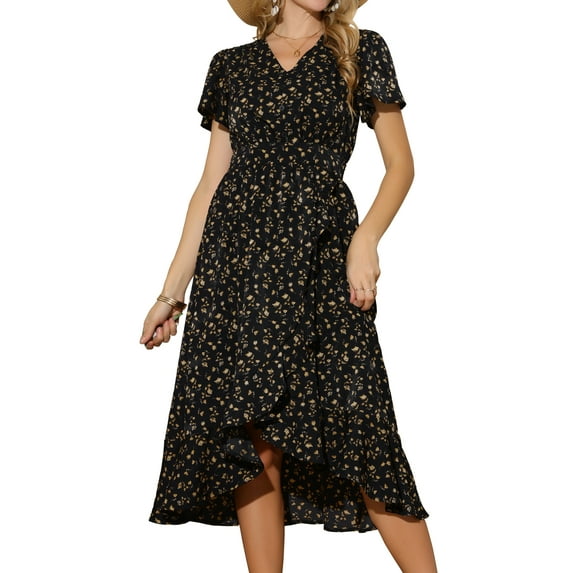 DARING DIVA Floral Midi Flutter Sleeves V Neck Design Dress S Black