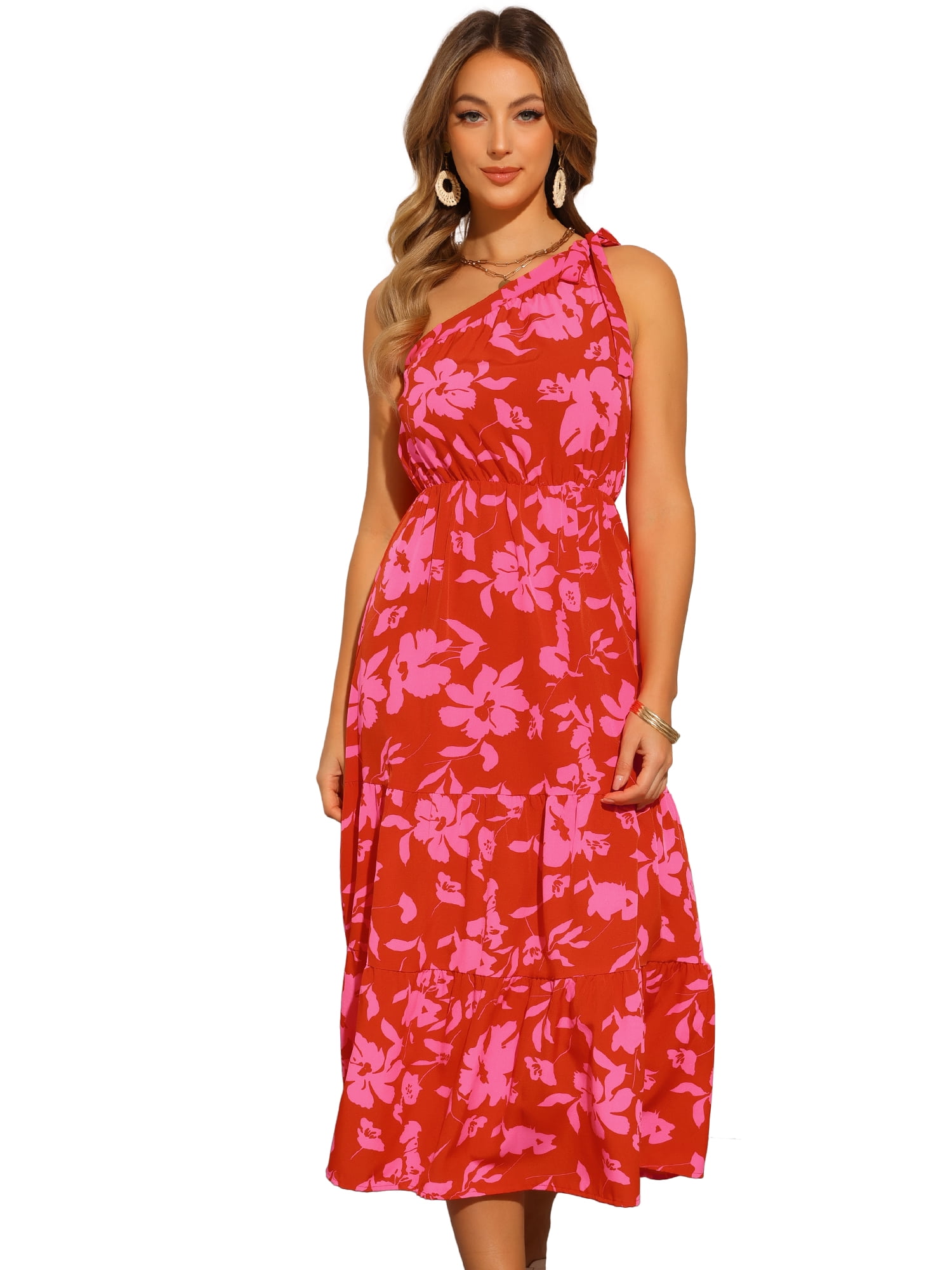 DARING DIVA Floral Midi One Shoulder Sleeveless Boho Dress L Hot Pink