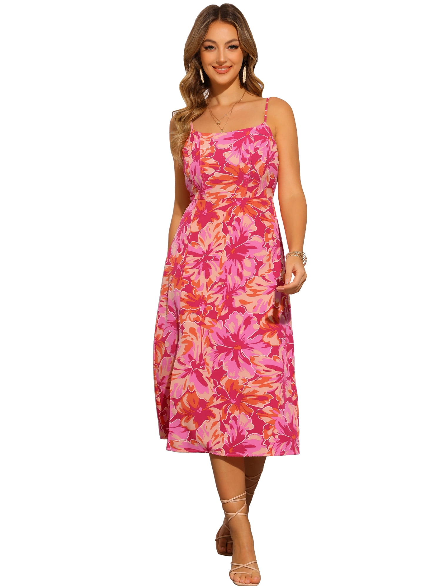 DARING DIVA Floral Midi Spaghetti Straps Square Neck Dress XL Hot Pink