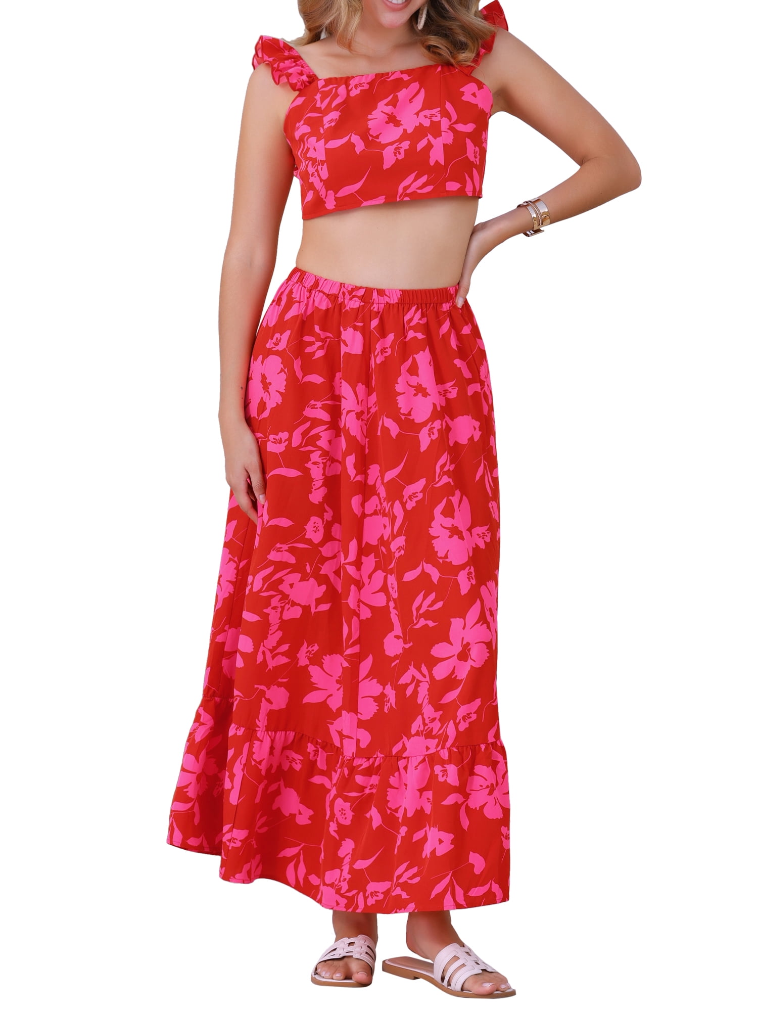 DARING DIVA Floral Print 2 Pieces Set  Summer Tank Top Maxi Skirt M Red