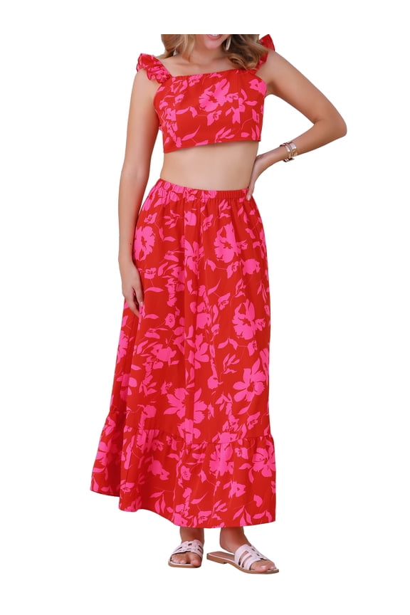 Floral Print 2 Pieces Set Summer Tank Top Maxi Skirt S Red