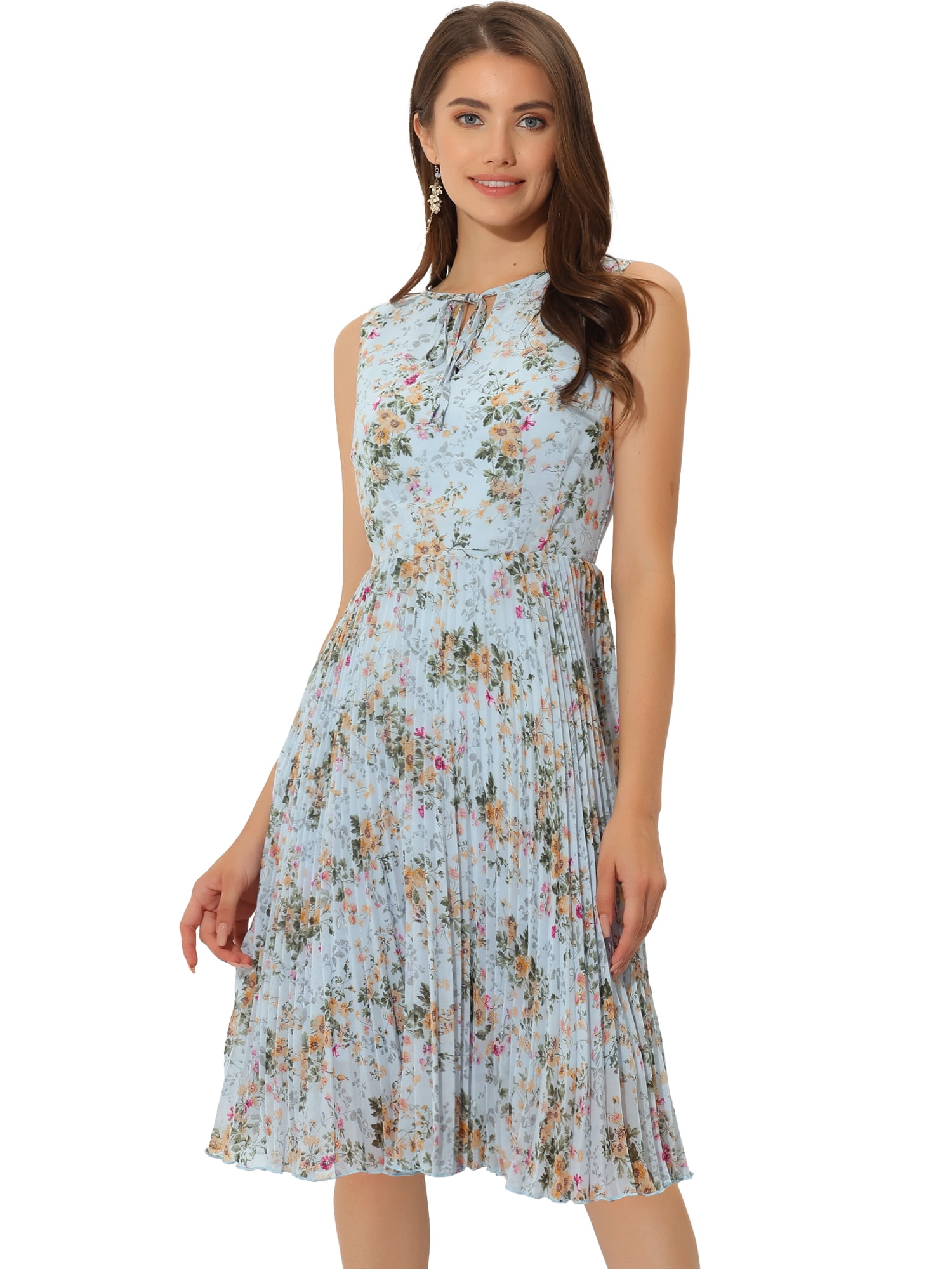 DARING DIVA Floral Print A-Line Knee Length Sleeveless Pleated Dress L Blue