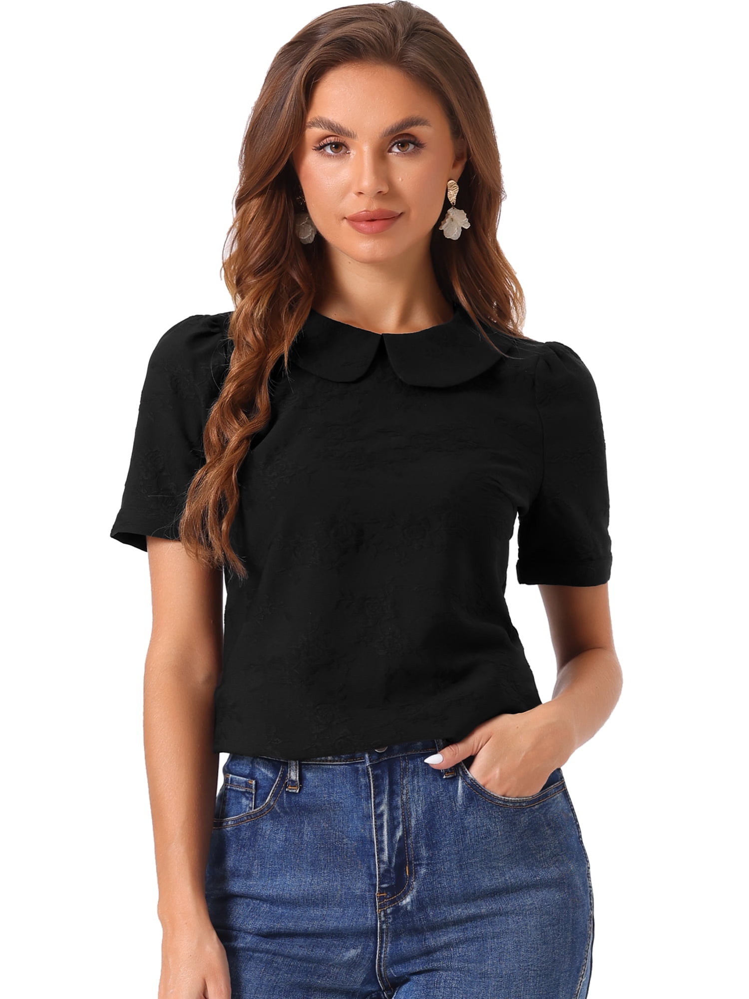 DARING DIVA Floral Puff Kawaii Peter Pan Collar Blouse L Black