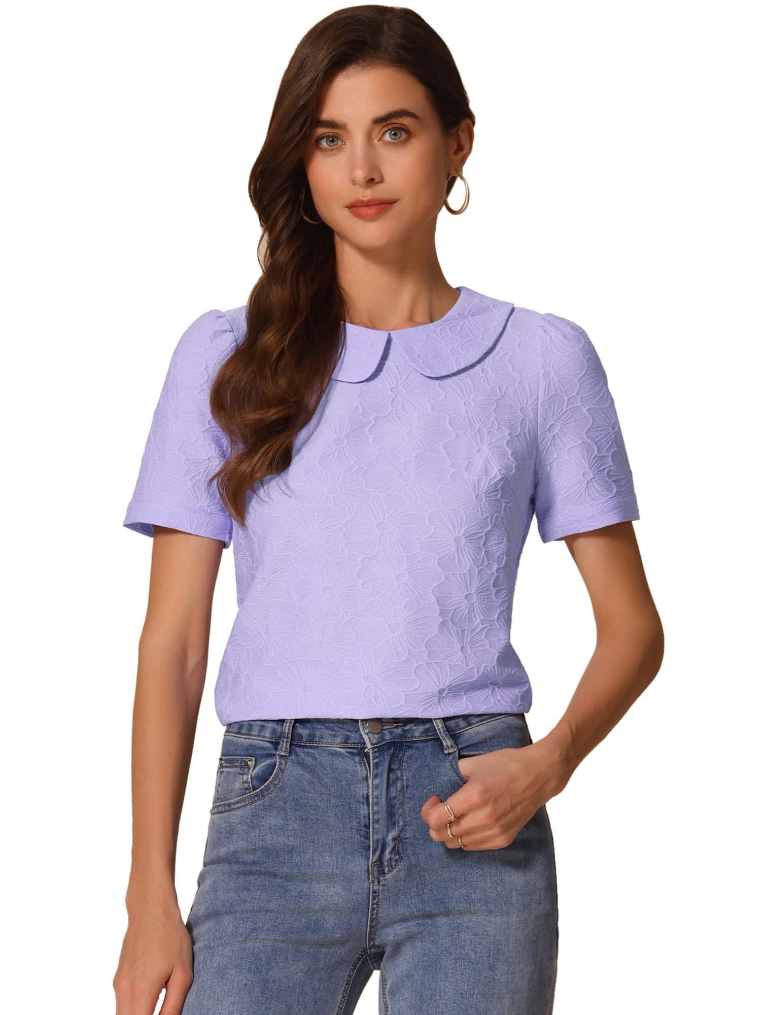 DARING DIVA Floral Puff Kawaii Peter Pan Collar Blouse L Purple