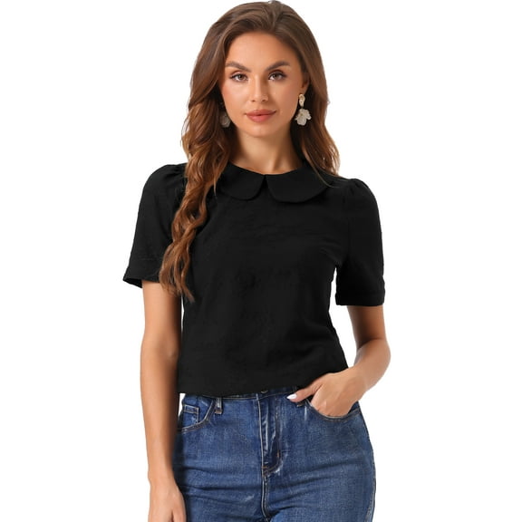 DARING DIVA Floral Puff Kawaii Peter Pan Collar Blouse M Black