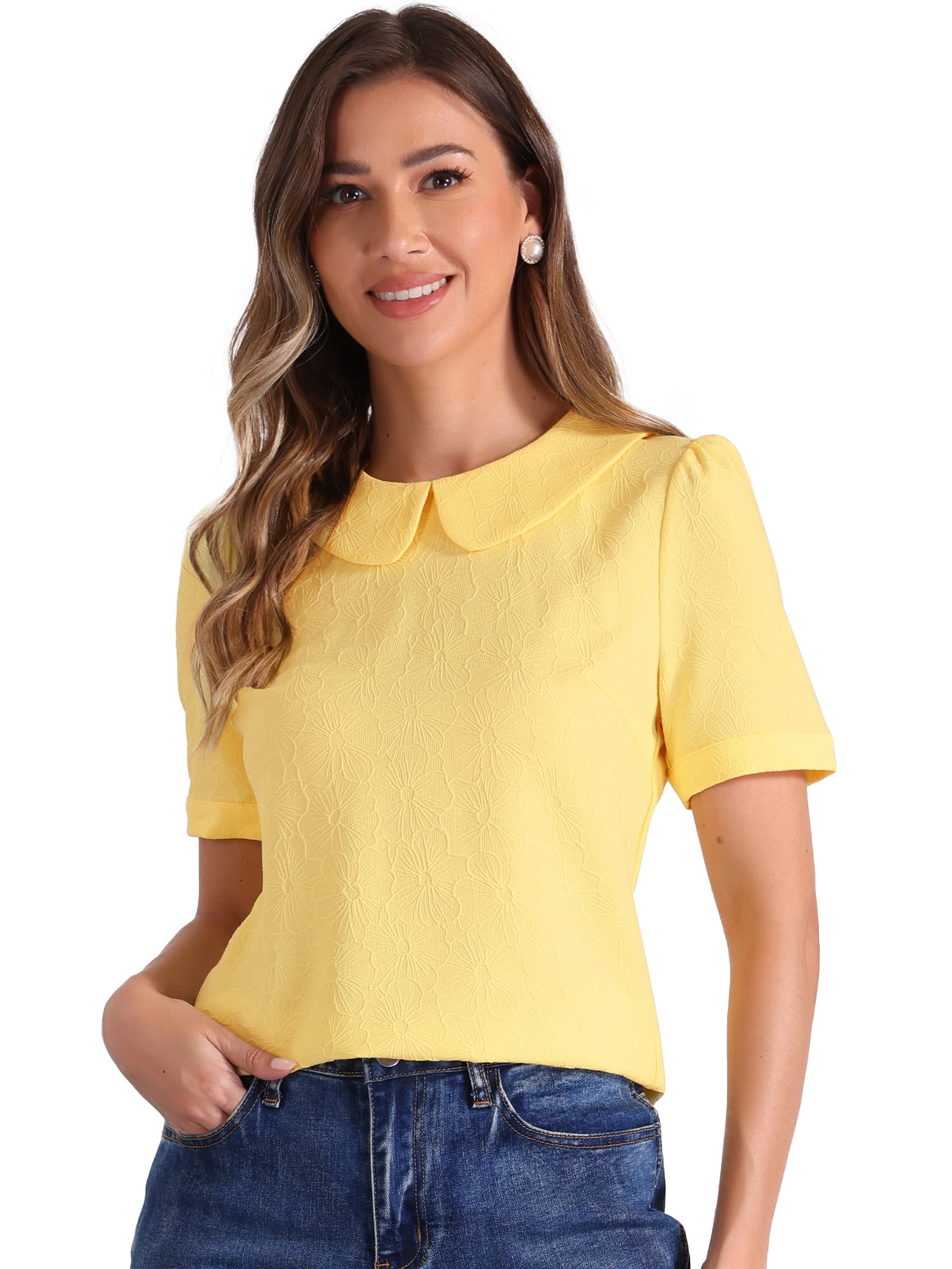 DARING DIVA Floral Puff Kawaii Peter Pan Collar Blouse M Yellow