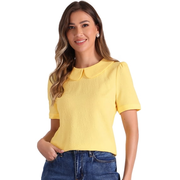 DARING DIVA Floral Puff Kawaii Peter Pan Collar Blouse M Yellow