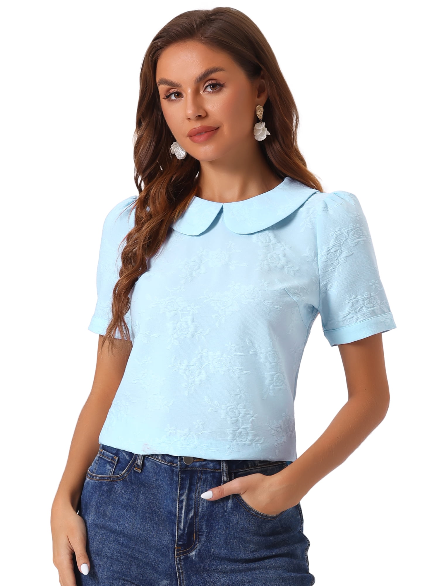 DARING DIVA Floral Puff Kawaii Peter Pan Collar Blouse XL Light Blue