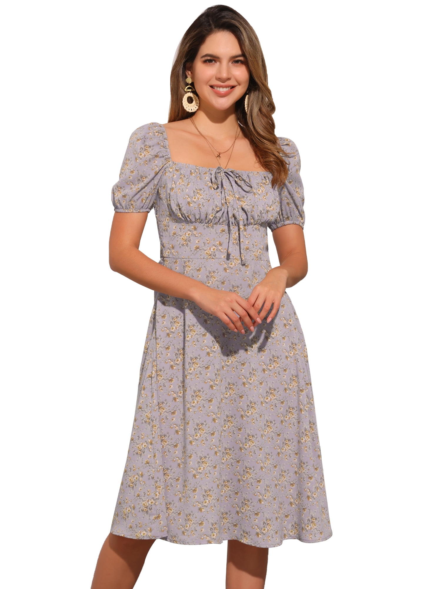 DARING DIVA Floral Puff Sleeve Smocked Square Neck Midi Dress L Dusty Purple