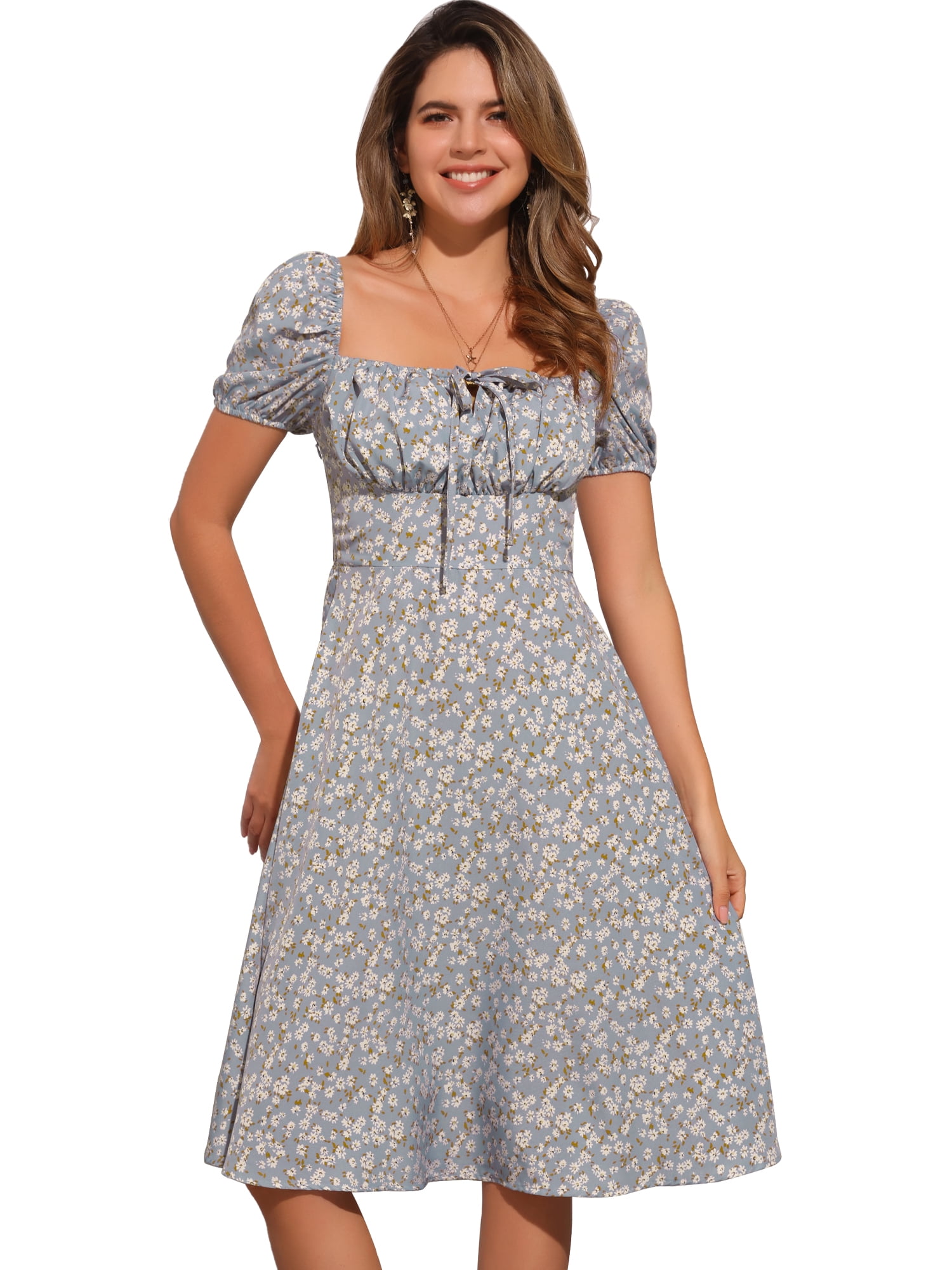 DARING DIVA Floral Puff Sleeve Smocked Square Neck Midi Dress L Gray Blue