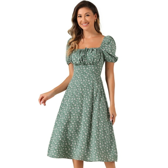 DARING DIVA Floral Puff Sleeve Smocked Square Neck Midi Dress L Gray Green