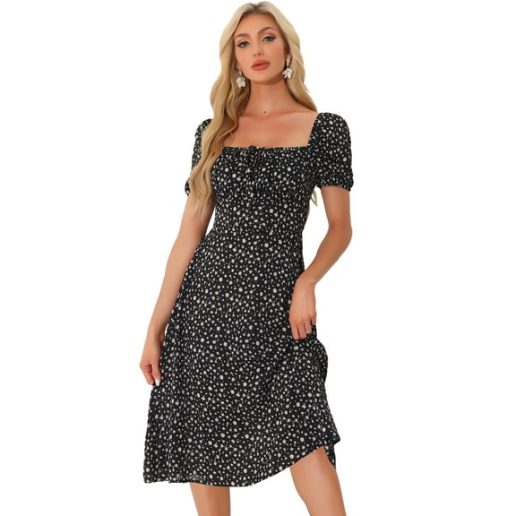DARING DIVA Floral Puff Sleeve Smocked Square Neck Midi Dress M Black