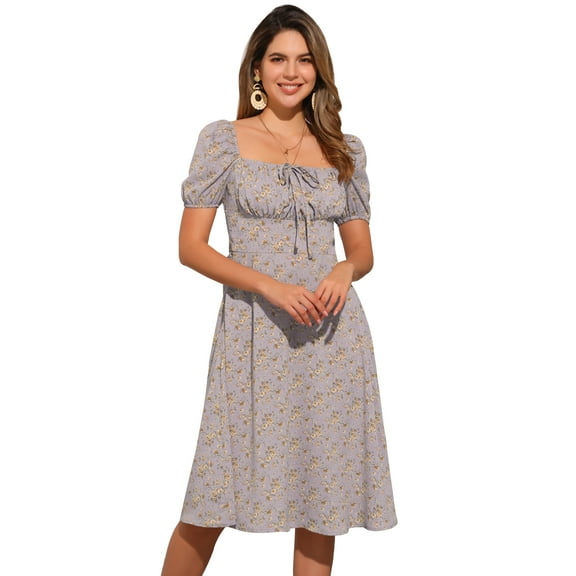 DARING DIVA Floral Puff Sleeve Smocked Square Neck Midi Dress M Dusty Purple