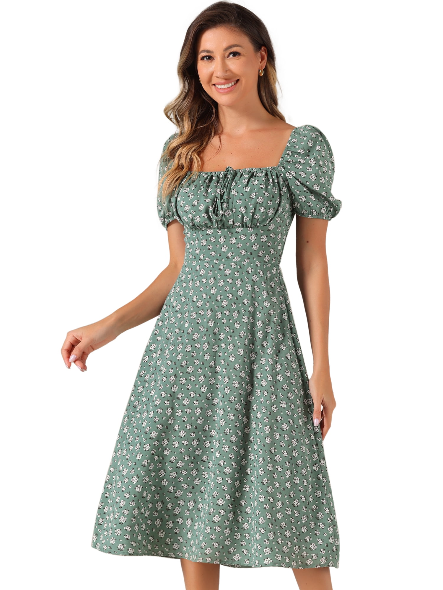 DARING DIVA Floral Puff Sleeve Smocked Square Neck Midi Dress XS Gray Green
