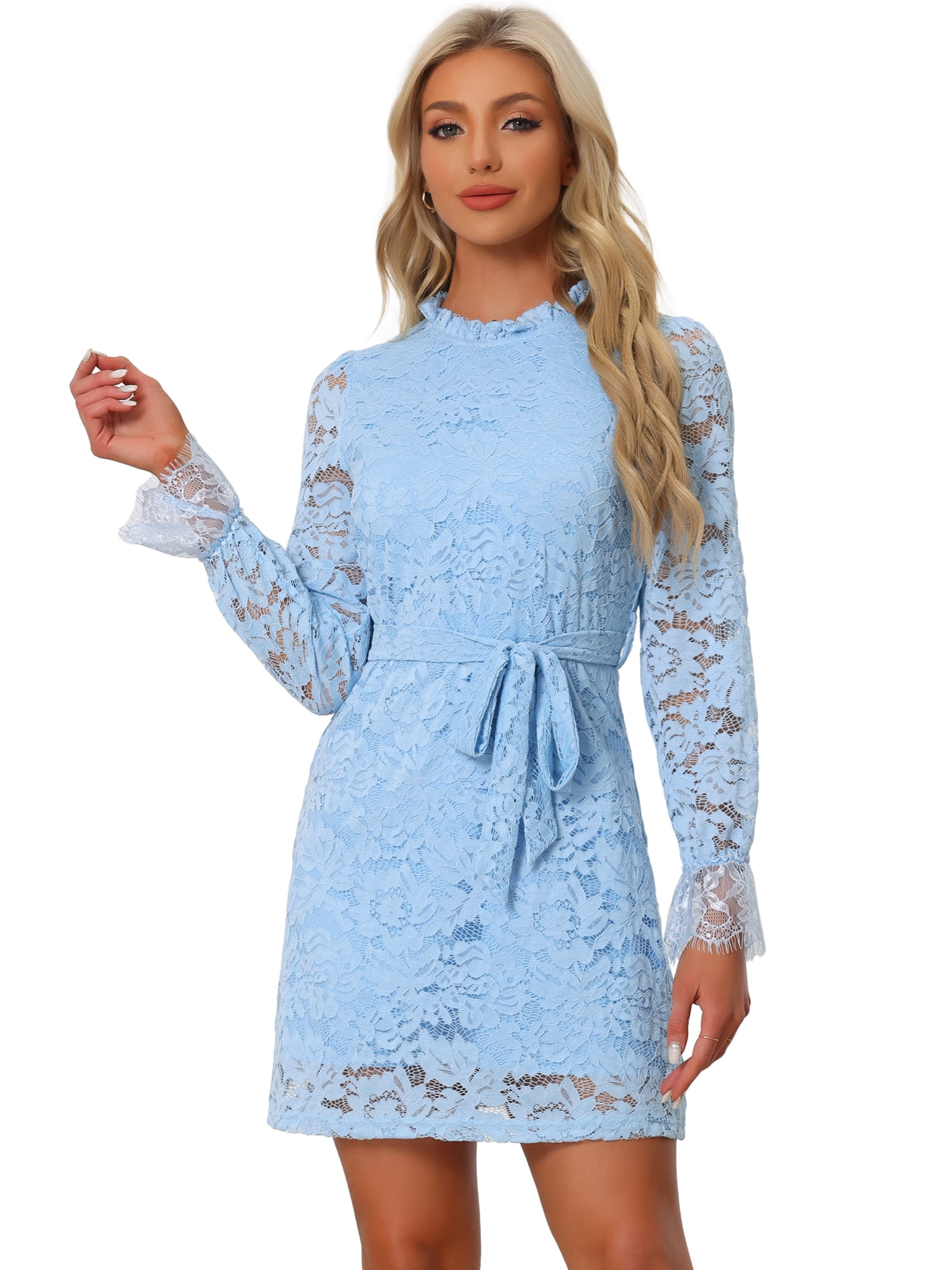 DARING DIVA Floral Ruffle Crew Neck Vintage Mini Lace Dress L Sky Blue