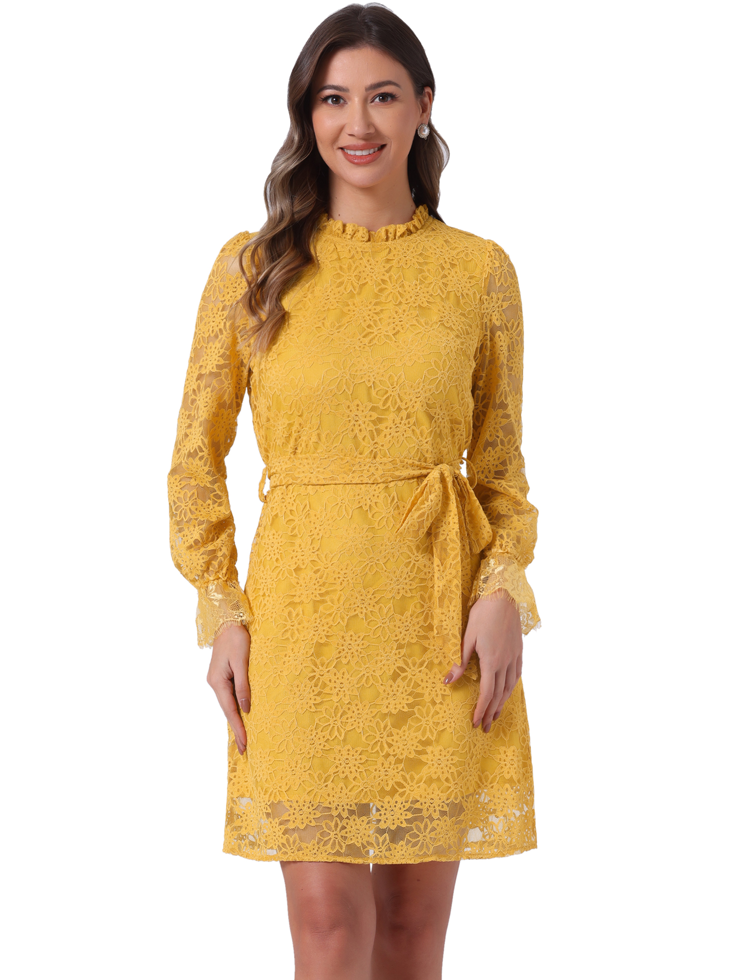 DARING DIVA Floral Ruffle Crew Neck Vintage Mini Lace Dress M Dark Yellow