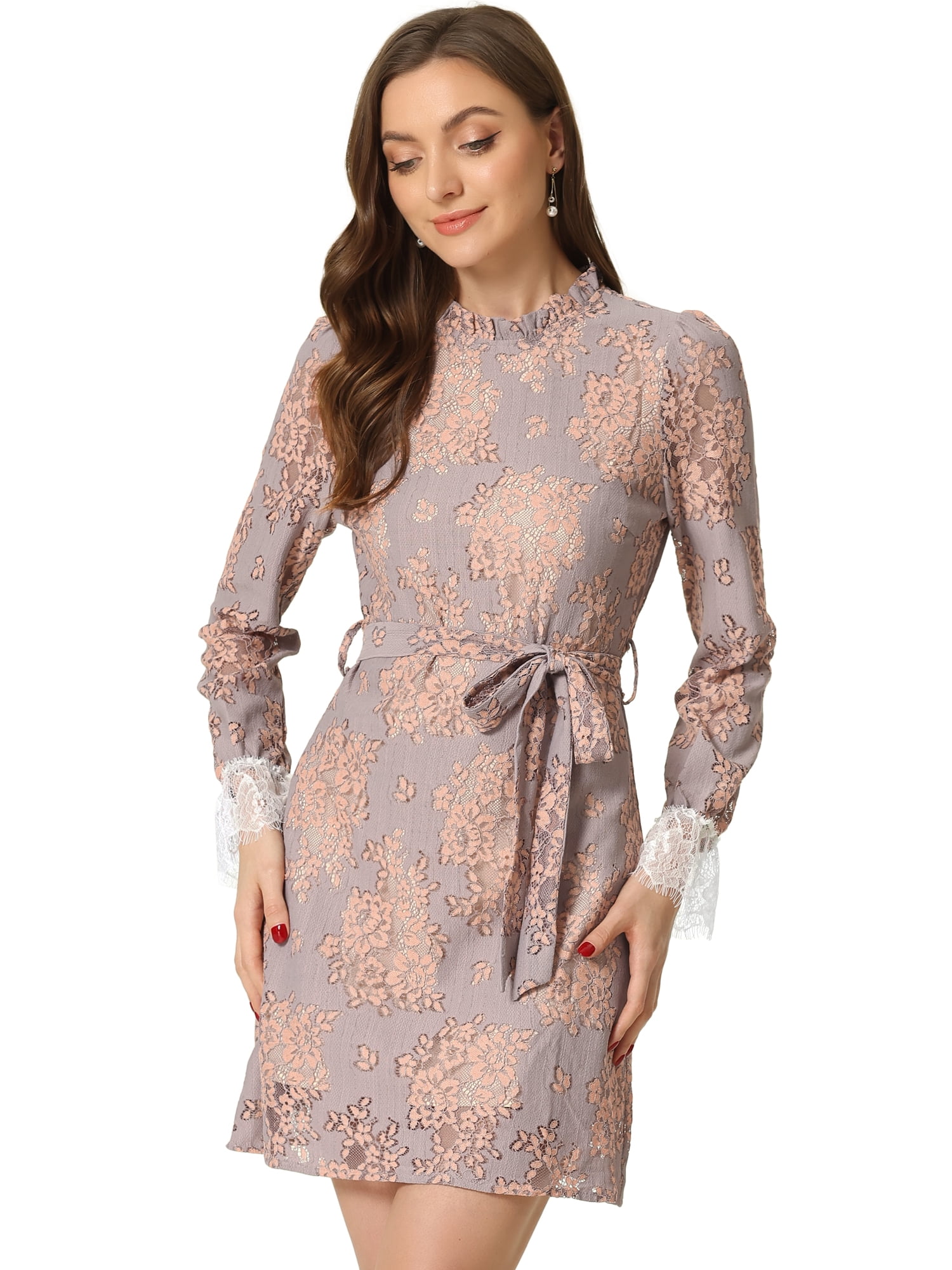 DARING DIVA Floral Ruffle Crew Neck Vintage Mini Lace Dress XL Grey Pink