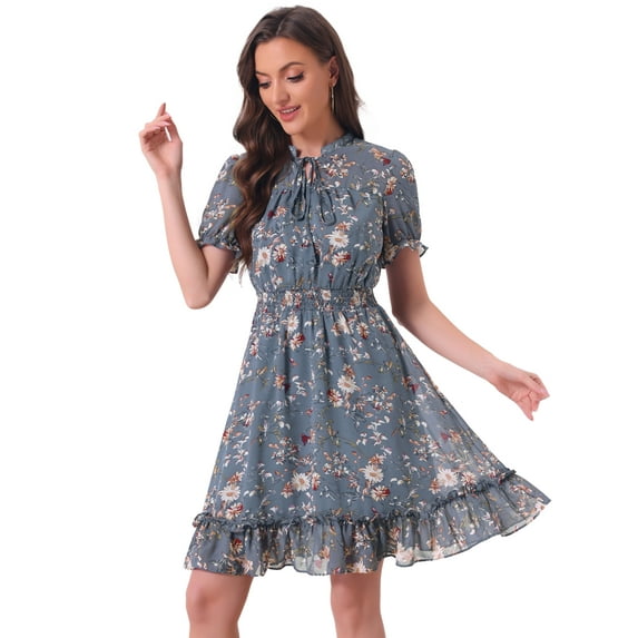 DARING DIVA Floral Ruffle Hem A-Line Smocked Chiffon Dress S Grey Blue