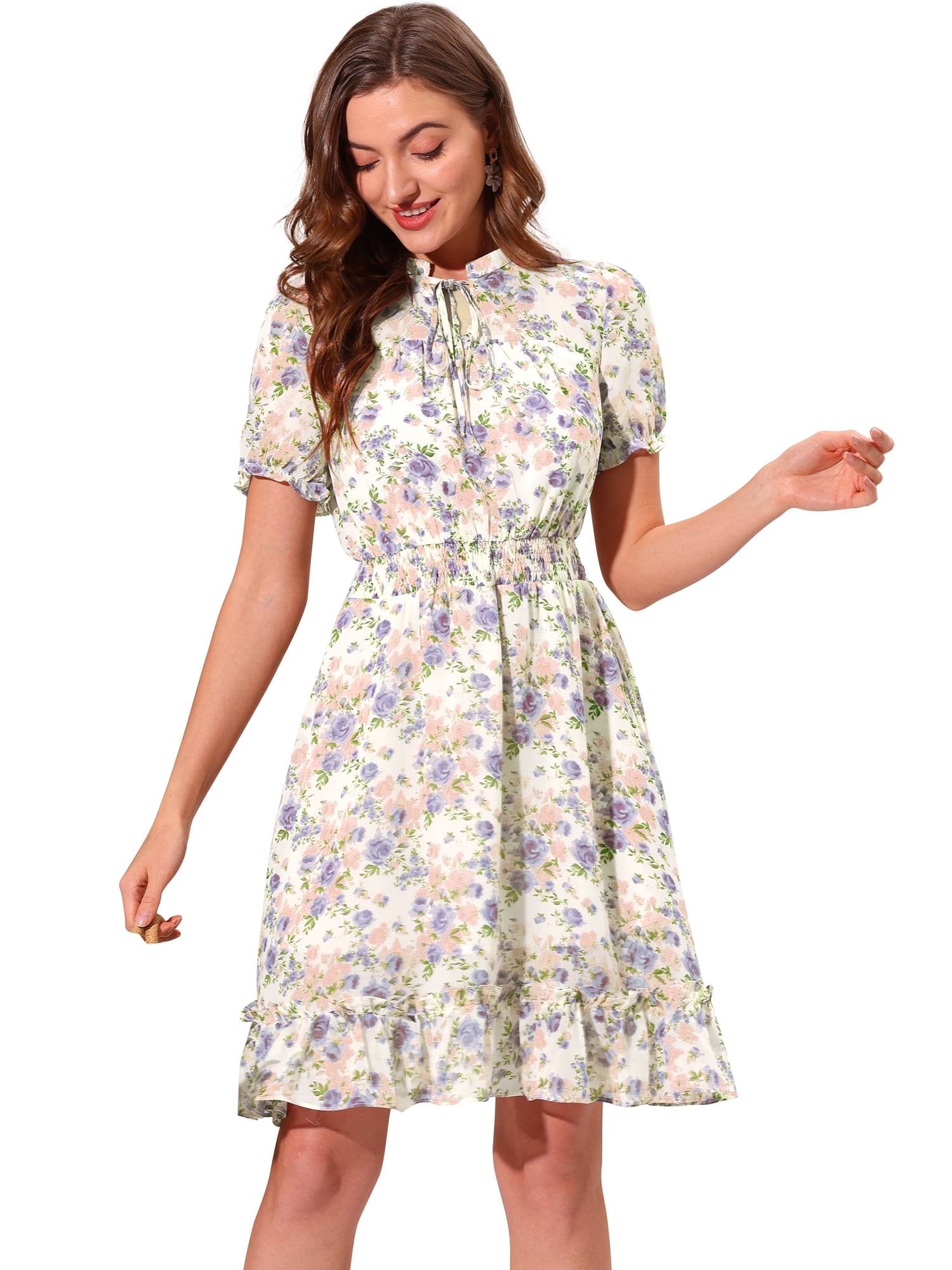DARING DIVA Floral Ruffle Hem A-Line Smocked Chiffon Dress S White