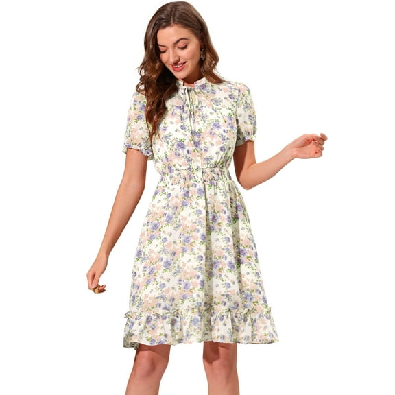 DARING DIVA Floral Ruffle Hem A-Line Smocked Chiffon Dress S White