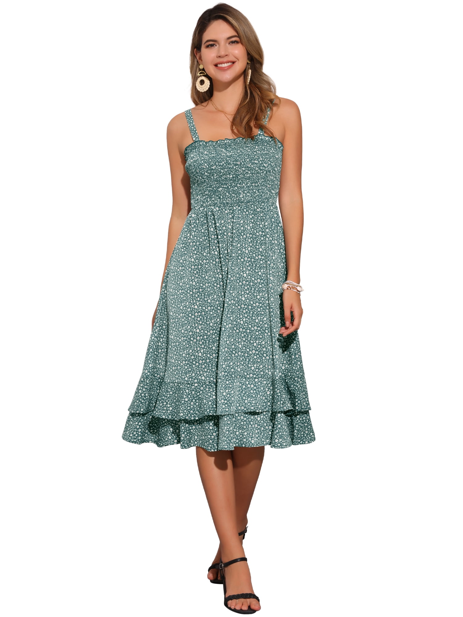 DARING DIVA Floral Ruffle Midi Smocked High Waist Sleeveless Dress XL Green