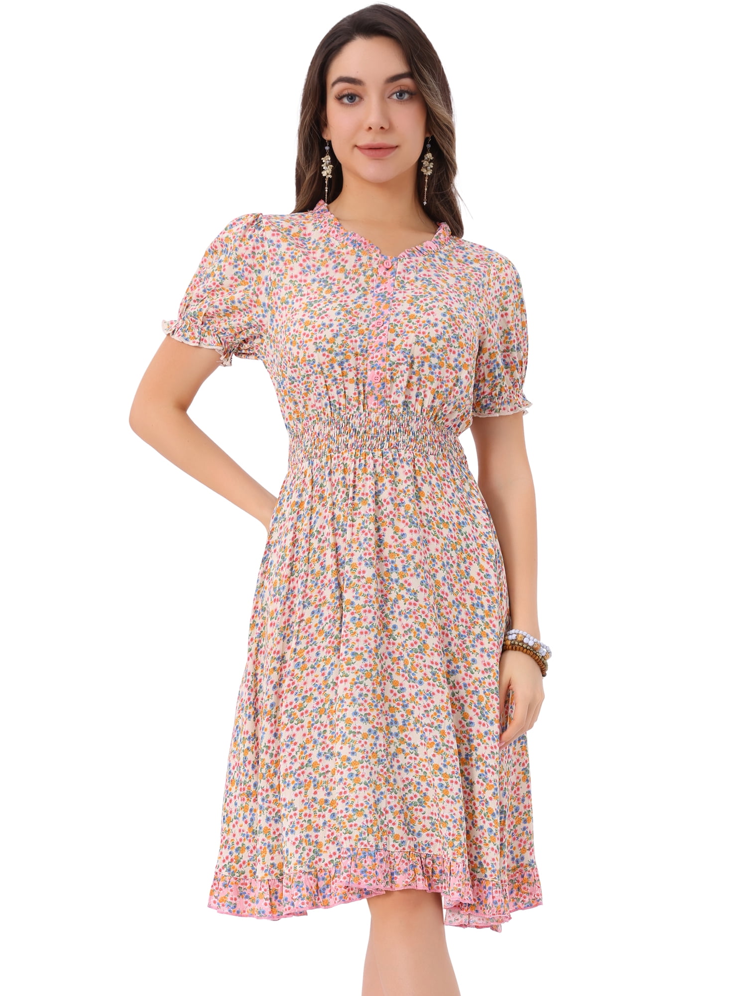 DARING DIVA Floral Ruffle Neck Smocked Waist Dress L Beige