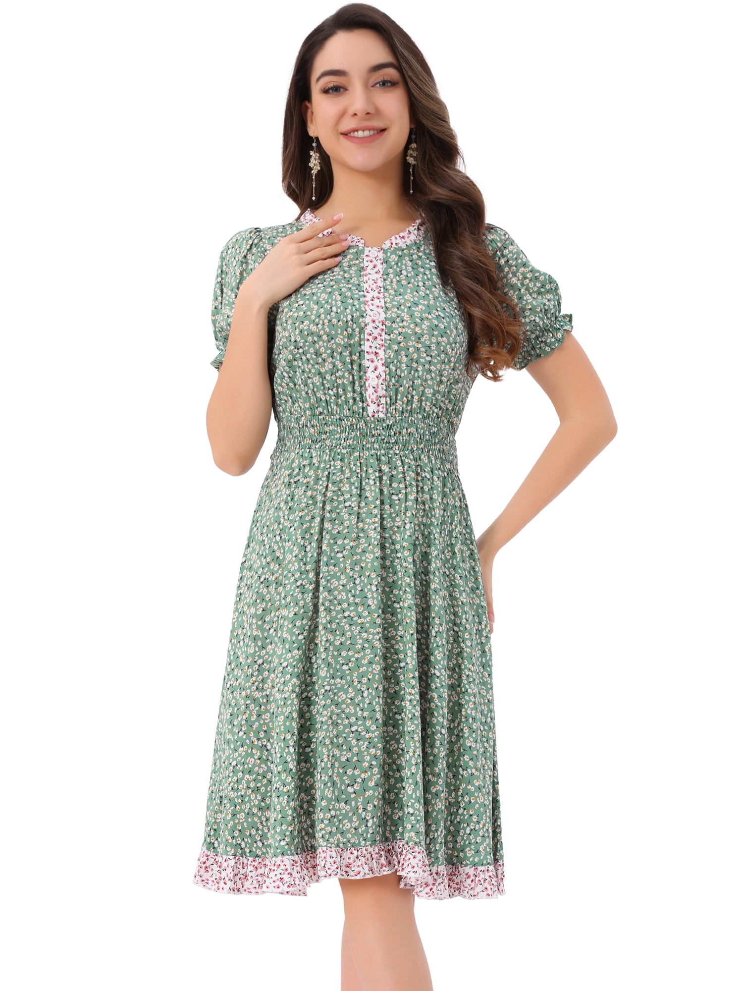 DARING DIVA Floral Ruffle Neck Smocked Waist Dress L Light Green