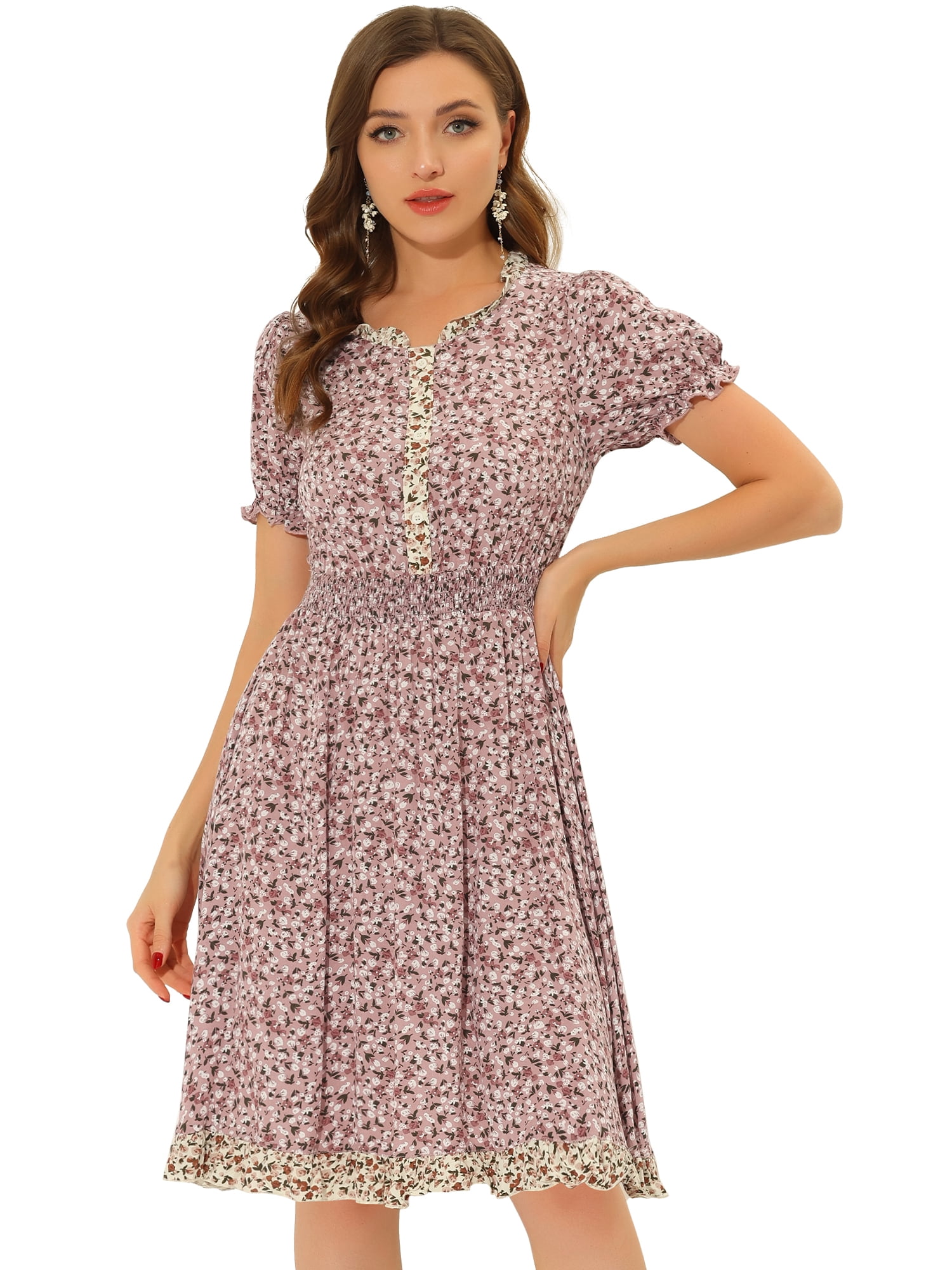 DARING DIVA Floral Ruffle Neck Smocked Waist Dress M Pink