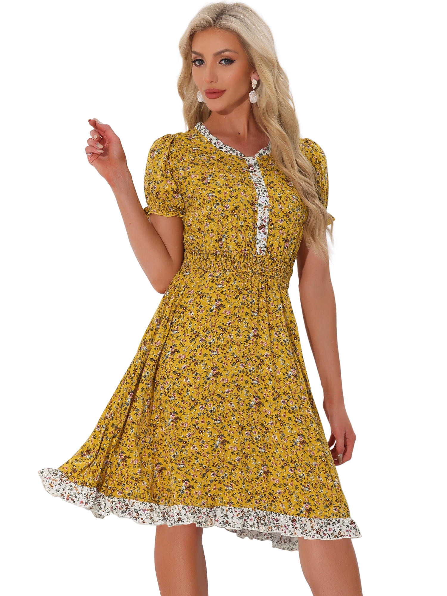 DARING DIVA Floral Ruffle Neck Smocked Waist Dress S Yellow