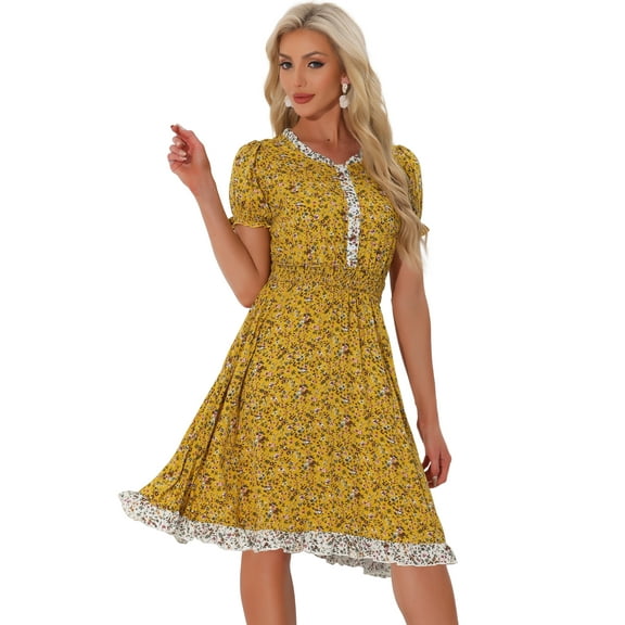 DARING DIVA Floral Ruffle Neck Smocked Waist Dress S Yellow