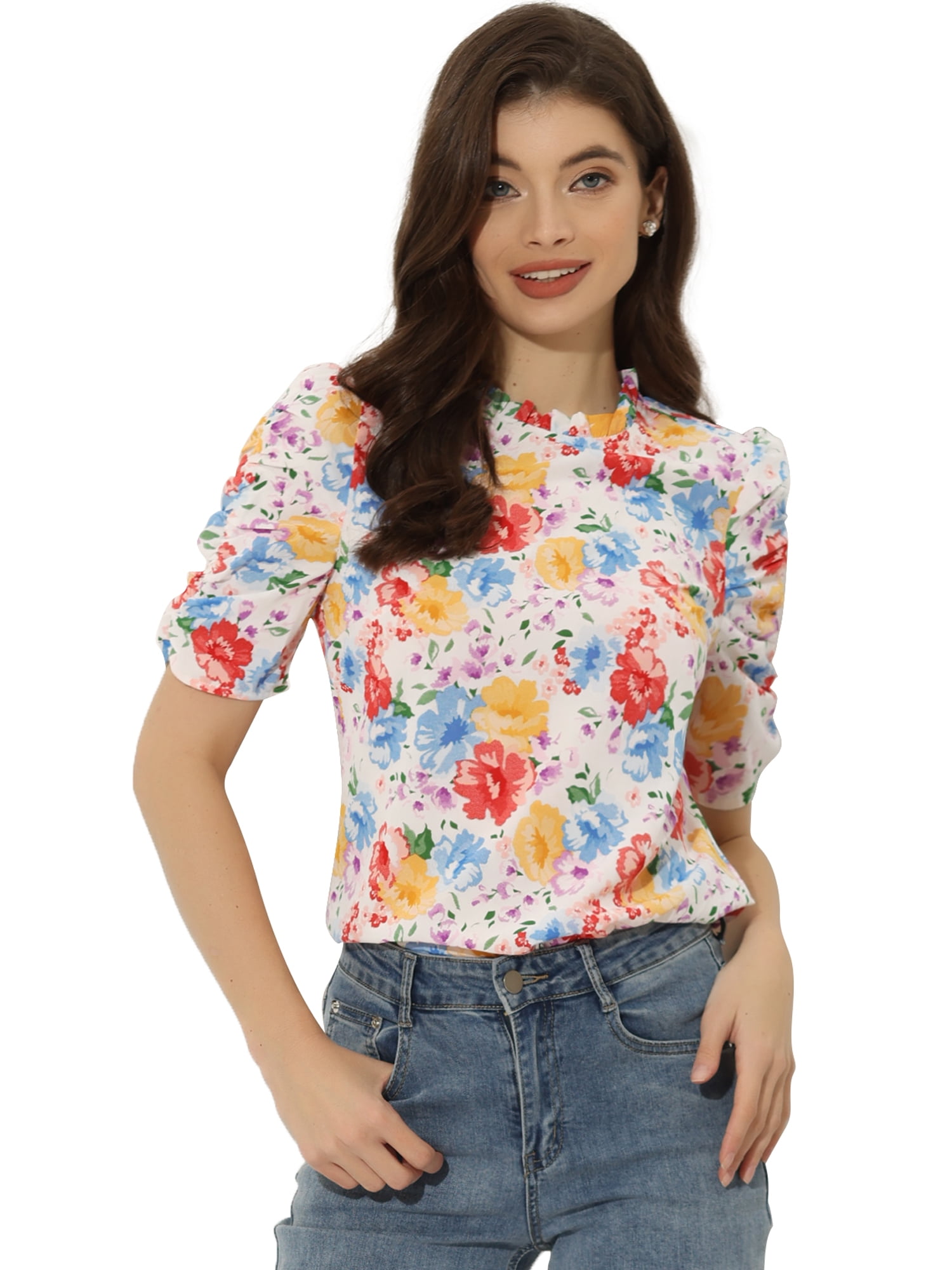 DARING DIVA Floral Ruffle Puff Half Sleeves Chiffon Top S White