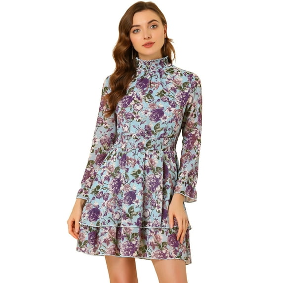 DARING DIVA Floral Ruffle Trim Layered Dresses L Blue