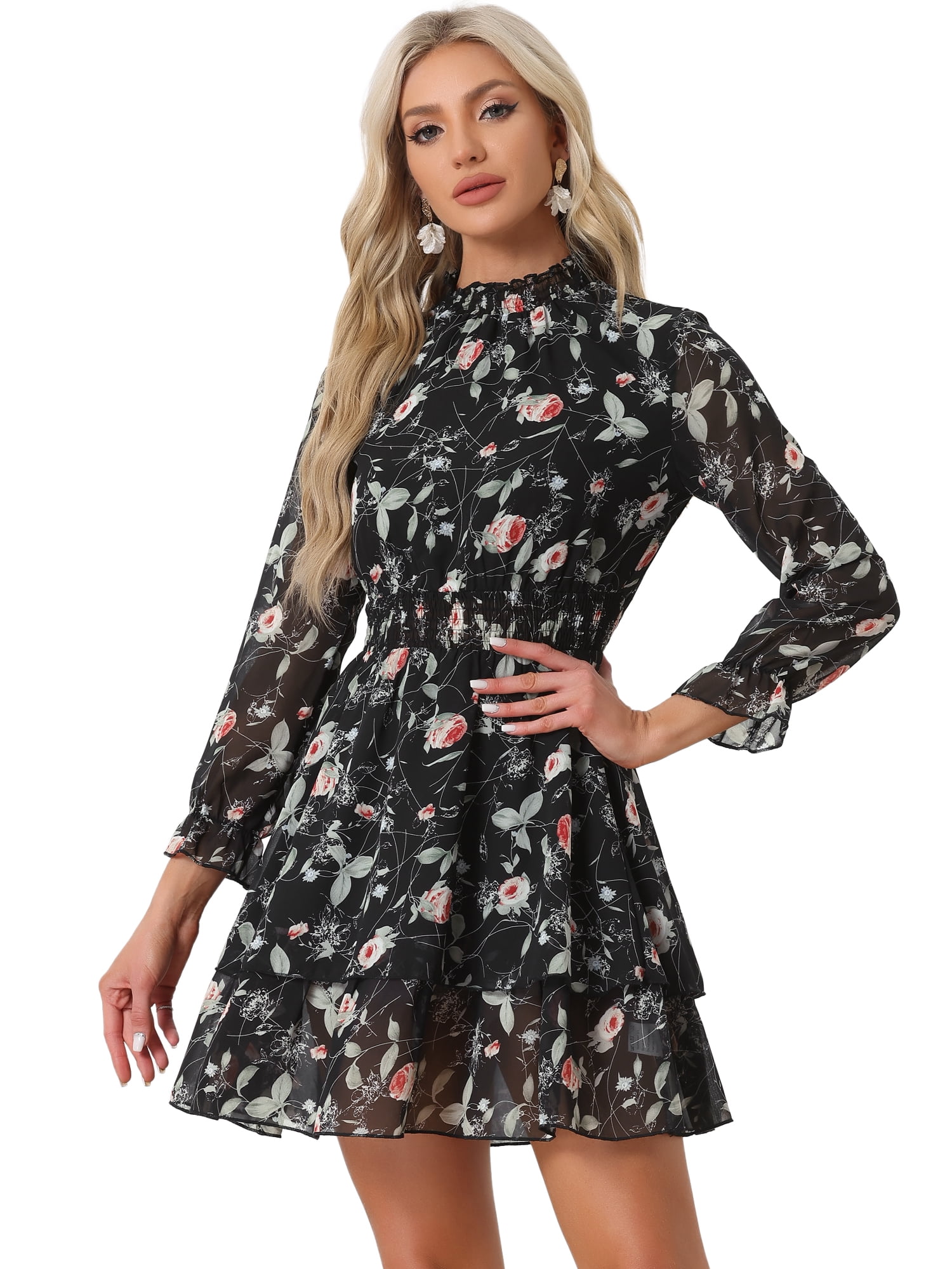 DARING DIVA Floral Ruffle Trim Layered Dresses M Black